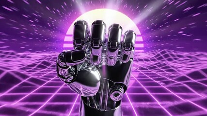 A chrome robotic fist clenched against a retro 80s synthwave landscape - Powered by Adobe