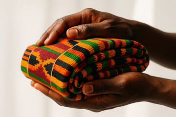 Close-up of hands holding vibrant kente cloth on white background reflecting african cultural heritage. Black history month