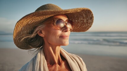 Portrait of a mature woman wearing a wide-brim straw beach hat and oversized sunglasses on a sunlit beach