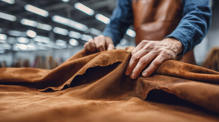 Close-up of artisan hands working with brown suede leather in a workshop, showcasing craftsmanship, texture and handmade quality in a professional setting.