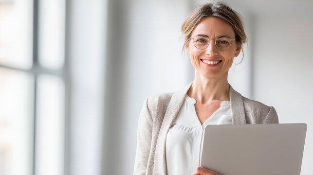 Portrait of a professional woman holding a laptop and looking at the camera in a bright office setting - Powered by Adobe