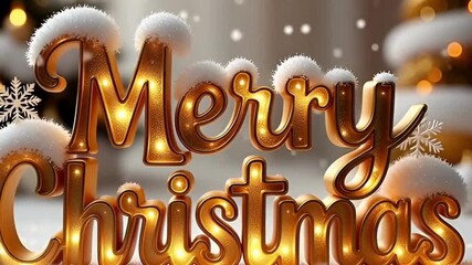 Warm “Merry Christmas” typography with snowflakes gently landing on letters, fluffy snow caps, soft golden lights behind, bokeh winter lights, cozy festive atmosphere, delicate snowfall, high-detail