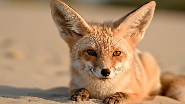 Fennec Fox Resting in the Desert Sands with Eyes Closed and Open.