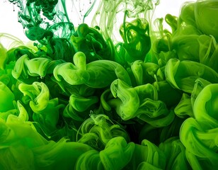 Swirling vibrant green ink clouds dissolving into a white background