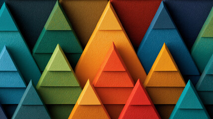Geometric pattern of colorful stacked triangular shapes suitable for backgrounds, posters, textiles, packaging, and web design projects. Vibrant and dynamic visual concept.