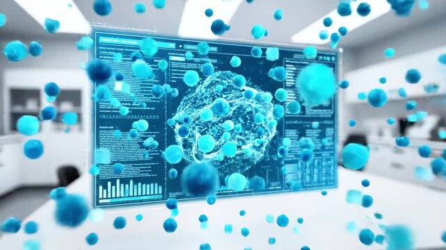 Futuristic digital display in a lab setting with abstract data visualization