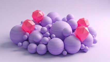 Abstract composition of lilac spheres with pink geometric objects illustration