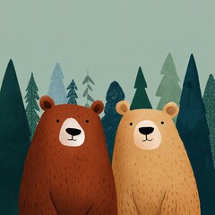 Two cartoon bears standing together in a pine forest