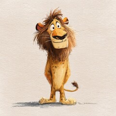 Funny cartoon lion character standing smiling