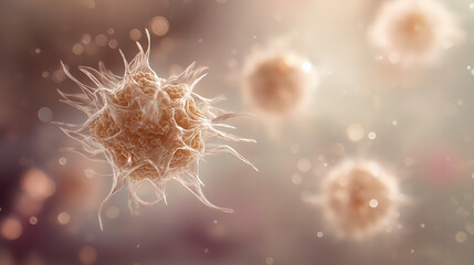 Several cancer cells with spiky protrusions in a light field, suitable for medical research articles, educational materials, and scientific presentations.