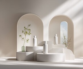 Cosmetics product display featuring minimalist geometric podiums and archways