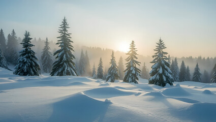 Obraz premium Sunrise Over Snowdrifts and Pine Forest – Winter Landscape, Frosty winter morning with sunlight streaming through snowy evergreen trees and rolling drifts. Peaceful nature background