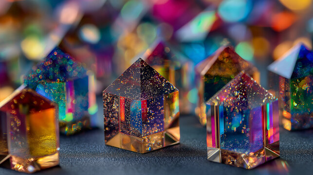 House shaped glass crystals with blurry lights, perfect for real estate, interior design, abstract concepts, architecture articles, and futuristic themes.