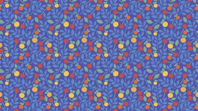 Seamless botanical stylized pattern video with yellow, red and orange berries with blue leaves on blue background. Could be used as wallpaper or background for any content, loops continuously. 