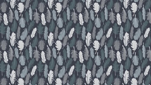 Seamless muted colors pattern video  with white and grey different shapes feathers on dark grey background. Could be used as wallpaper or background for any content, loops continuously. 