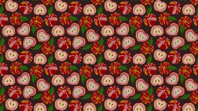 Seamless botanical pattern video with red colorful apples and halves with green leaves on dark brown background. Could be used as wallpaper or background for any content, loops continuously. 