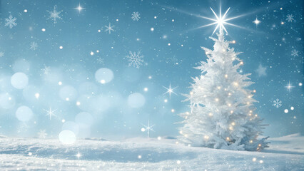 Snowflakes in Sunlit Winter Landscape with Blue Sky and Bokeh, Bright, cheerful winter scene with two decorative snowflakes resting on fresh snow under a clear blue sky