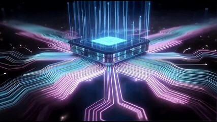 A futuristic processor with a blue glowing core, energy lines, and neon trails. Future technologies. - Powered by Adobe