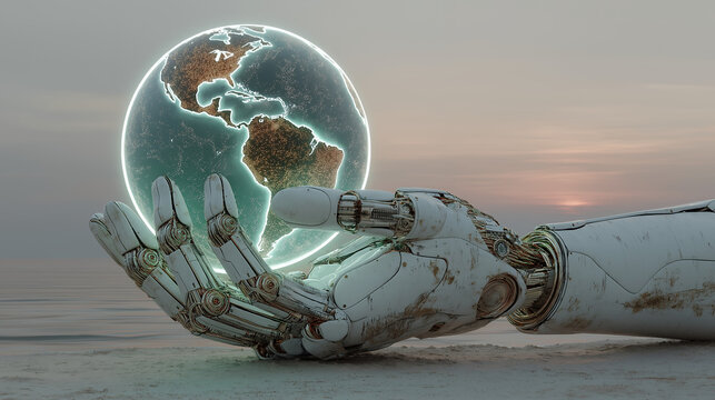 Minimal futuristic AI hand holding digital earth technology intelligence concept modern design generated AI