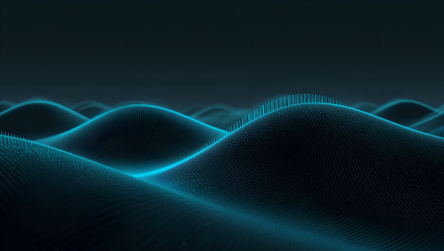 Neon wireframe waves, Futuristic neon wireframe landscape of glowing cyan waves on a dark background - Powered by Adobe