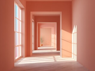 Floating window frames and doors in endless peach-hued surreal hallway