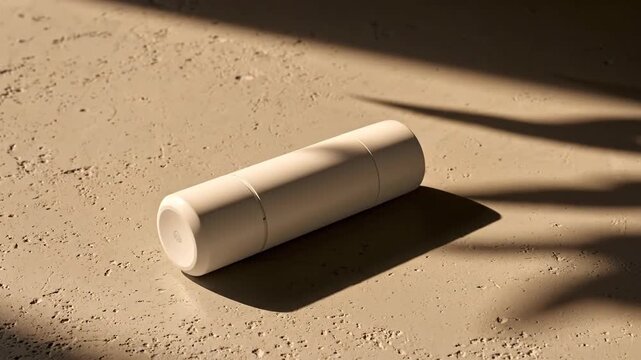 White cylindrical object on a textured surface with shadows and sunlight.