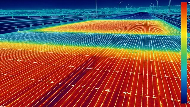 A thermal imaging view of a vast solar panel array showing heat distribution across the energy field.