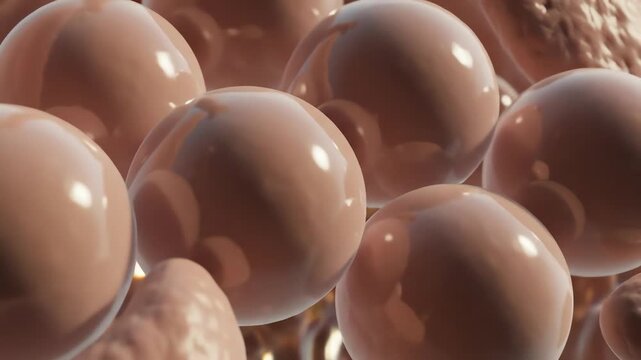 Surfactant spreading across alveolar surfaces, shown as a thin shimmering layer reducing surface tension, waves of light move across the film as alveoli inflate smoothly