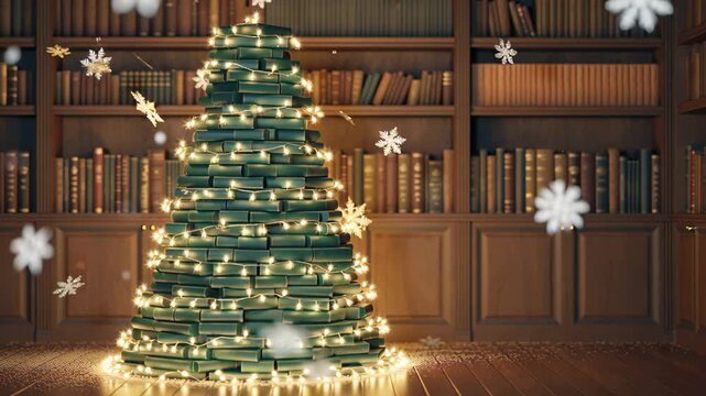 Creative Christmas tree made of stacked books with fairy lights in cozy library setting. Winter holidays, education, or literature themes. Copy space for text