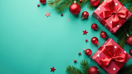 A festive scene with Christmas decorations and presents against a green background, ideal for holiday-themed projects