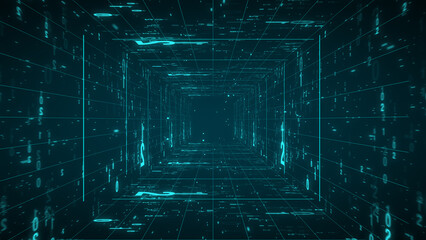 futuristic digital data tunnel background with flowing blue numbers and grid lines for cyberspace and high-speed network communication