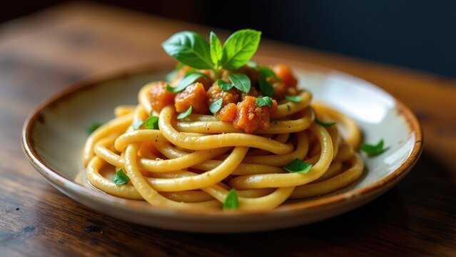 A classic Italian dish featuring spaghetti, tomato sauce, and a garnish of fresh basil