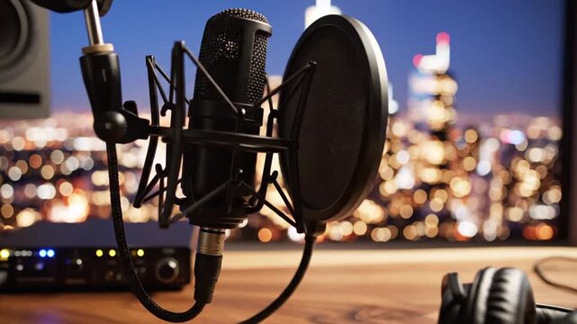 Audio recording equipment studio microphone and headphones with a blurred city lights background