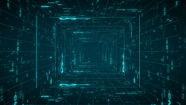 futuristic digital data tunnel background with flowing blue numbers and grid lines for cyberspace and high-speed network communication - Powered by Adobe