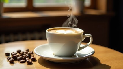 A photo of a cup of coffee with some coffee beans on the table, ideal for cafe or restaurant scenes