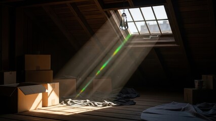 Sunlight beams through attic window illuminating interior with cardboard boxes
