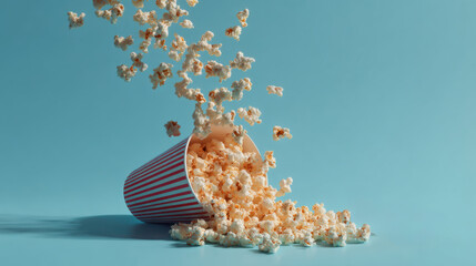 Popcorn pours from a tipped bucket onto a blue surface. A film reel, 3D glasses, and tickets are scattered in the scene. The colors are bright, and details of the popcorn kernels are clear