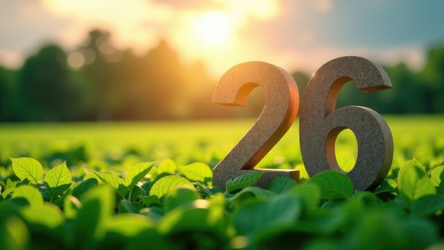 A single digit number 26 is situated in the middle of a open field, surrounded by green grass and possibly wildflowers