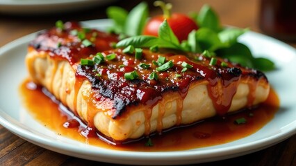 A plate of savory meat dish with saucy topping, perfect for food photography or recipe illustrations