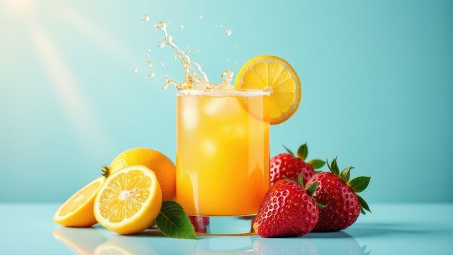 A refreshing glass of orange juice with sliced strawberries and lemon, perfect for a healthy snack or post-workout drink - Powered by Adobe