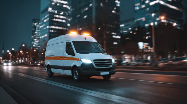 An emergency ambulance van speeds along the highway at night with orange warning lights flashing. The modern city skyline is visible in the background as the vehicle moves quickly