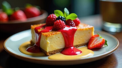 A slice of cheesecake topped with fresh berries and sweet sauce, perfect for dessert or snack