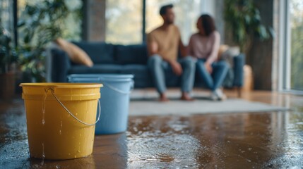 Water is leaking from the ceiling in a living room. Yellow and blue buckets catch drops while a wet floor reflects the couple sitting together on the couch in the background