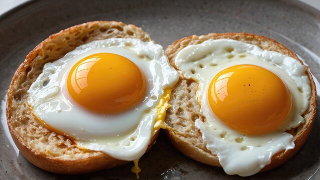 A simple breakfast plate with two fried eggs on top of toasted bread