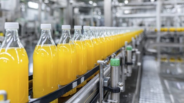 Automated beverage production line with juice bottling process in modern factory