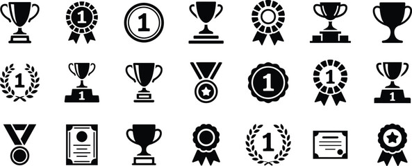 Collection of Black and White Achievement Icons Symbolizing Victory and Recognition with Trophies Medals and Awards