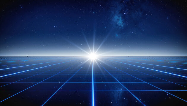 Futuristic Grid Landscape Under a Starry Sky with Bright Sun - Powered by Adobe