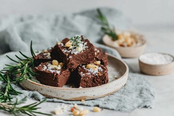 A plate holds handmade fudge pieces decorated with nuts. The fudge is wrapped in paper and placed on a softly colored cloth. Fresh herbs and nuts are nearby