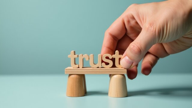 A person holds a wooden block with 'Trust' written on it, a symbol of confidence and reliability