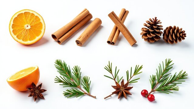 Bundle of natural elements - cinnamon sticks, an orange, and pine cones